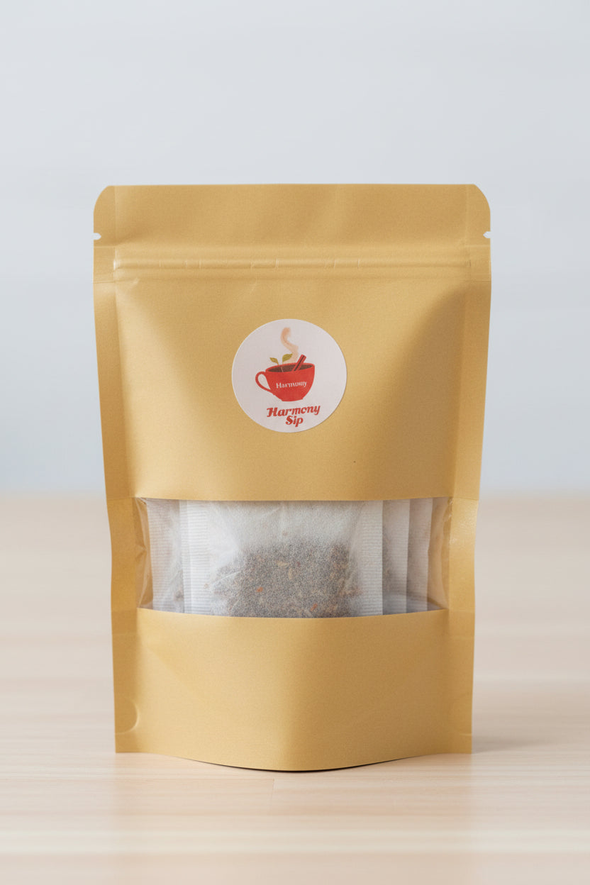 A gold-colored stand-up pouch with a clear window showing white tea bags inside. A circular sticker on the front features a red coffee cup illustration and the text 'Harmony Sip'.